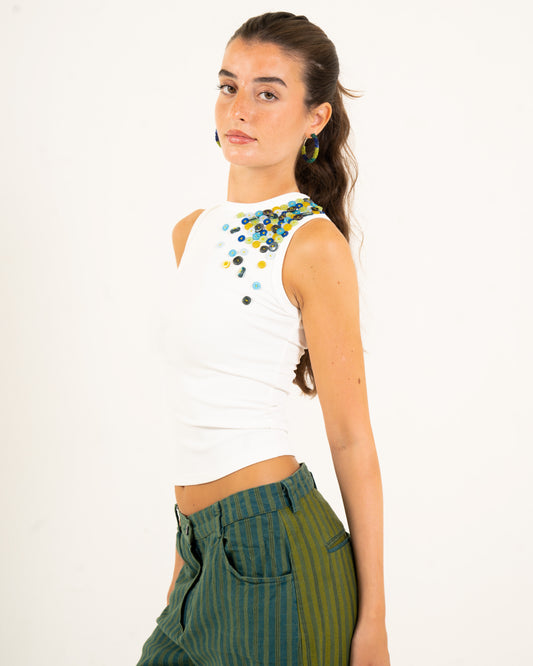 BUTTON UP EMBROIDERED TANK TOP