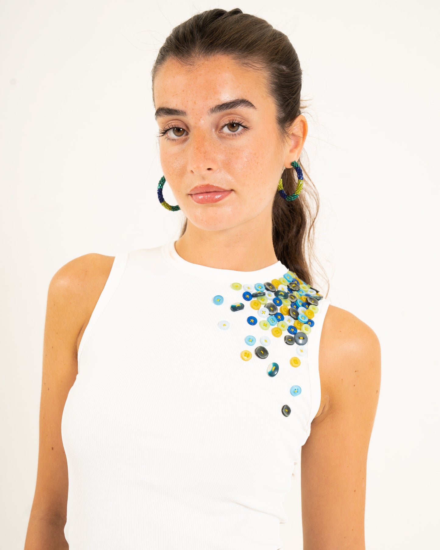BUTTON UP EMBROIDERED TANK TOP