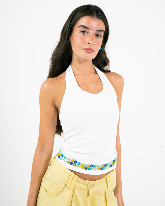 BUTTON UP EMBROIDERED HALTER TOP